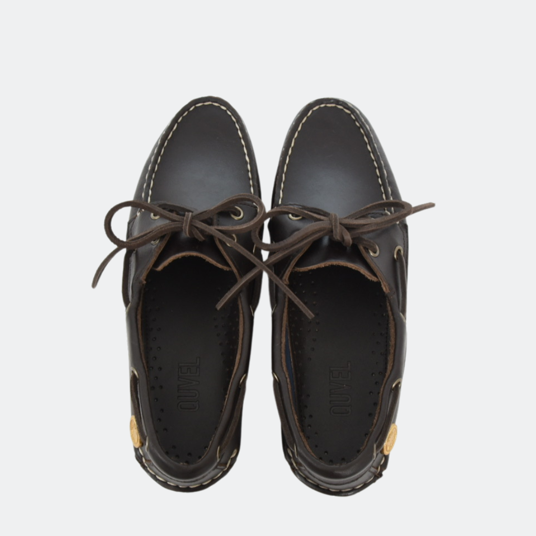 Classic Boat Shoe in Deep Brown smooth leather, top-down view of the pair