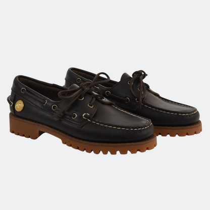 Lug Boat Shoe en cuero liso Marrón Profundo, vista lateral del par