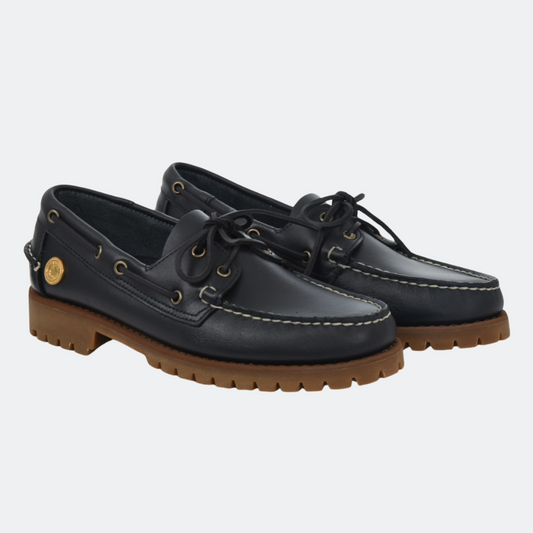 Lug Boat Shoe en cuero liso Azul Medianoche, vista lateral del par